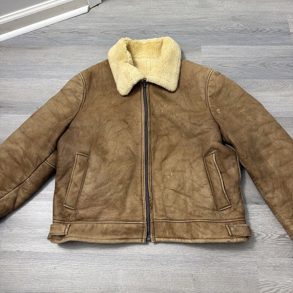 Vintage Texas Tanning Genuine Shearling Sheepskin Bomber Jacket Tan Men's 46